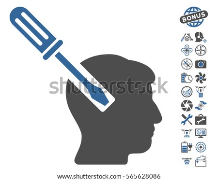 Head Screwdriver Tuning icon with bonus uav tools graphic icons. Vector illustration style is flat iconic cobalt and gray symbols on white background.