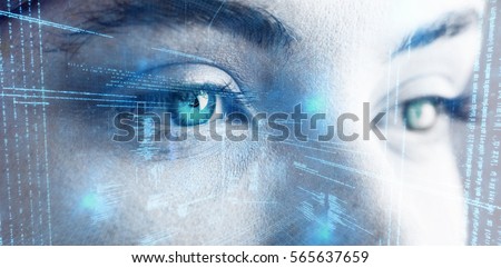 Illustration of virtual data against beautiful eye of woman Royalty-Free Stock Photo #565637659