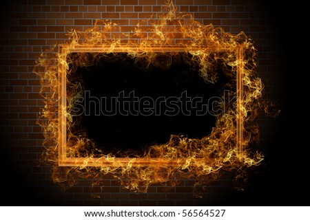 Empty frame with fire on the brick wall