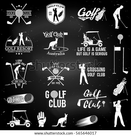 Set of Golf club concept with golfer silhouette and design elements. Vector golfing club retro badge on the chalkboard. Concept for shirt, print, seal or stamp. Typography design.