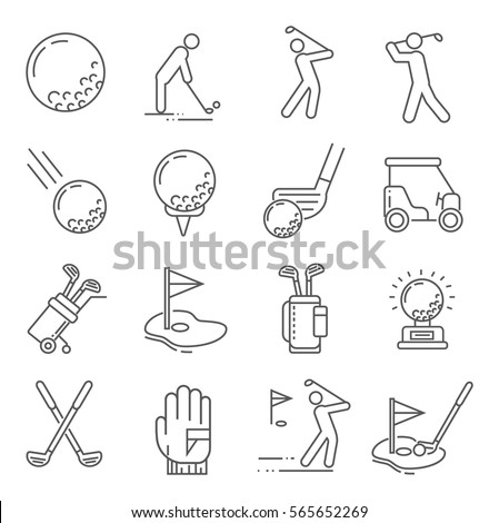 Set of golf Related Vector Line Icons. Includes such Icons as a Golf ball, hole, Golf car, field games, stick, sports uniforms, gloves, backpack Royalty-Free Stock Photo #565652269