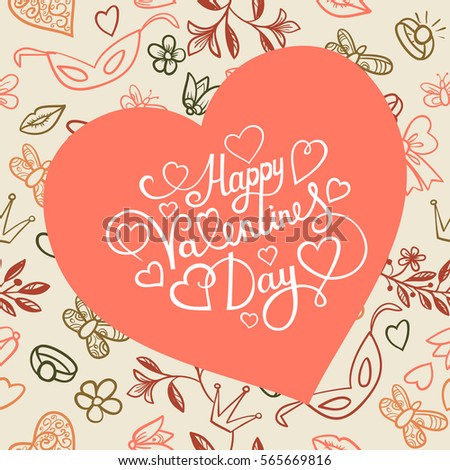 Pink heart Valentines day card with sign Happy Valentines day on seamless floral background. Eps-10 vector