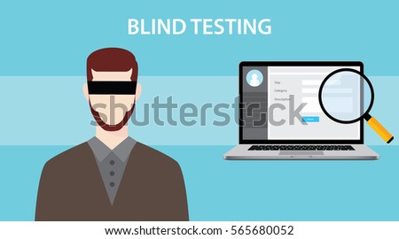blind test testing illustration with a notebook , magnifying glass and man using eye cover