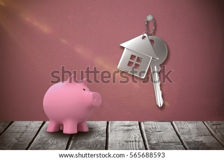 Piggy bank against white background against gray concrete wall 3d