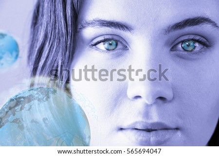 Digitally generated image of earth with social connectivity against portrait of beautiful woman
