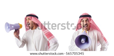 Arab businessman with bullhorn isolated on white Royalty-Free Stock Photo #565705345