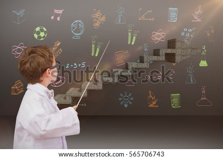 Cute pupil in lab coat against composite image of steps moving up