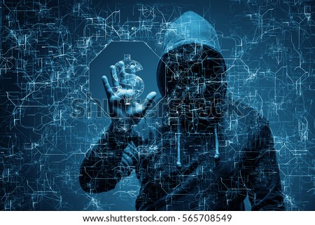 Hacker stealing dollars from bank Royalty-Free Stock Photo #565708549