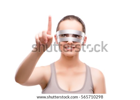 Techno girl pressing virtual button isolated on white