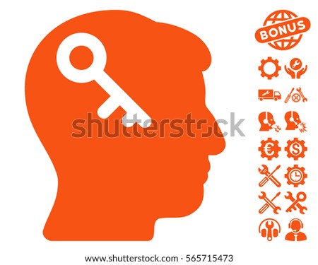 Head Key icon with bonus tools icon set. Vector illustration style is flat iconic orange symbols on white background.