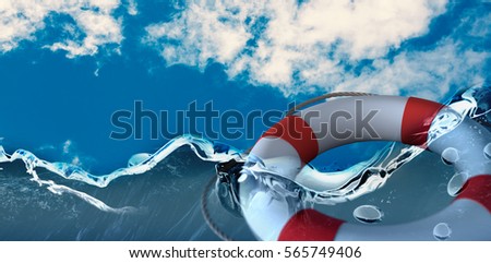 Life belt with rope over white background against view of beautiful sky and clouds 3d