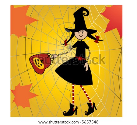 witch with treat bag, spider web and leaves vector