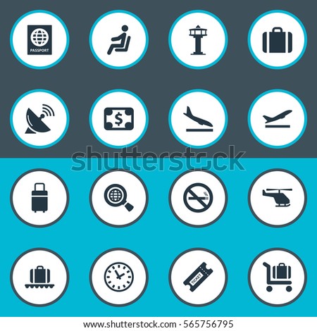 Set Of 16 Simple Airport Icons. Can Be Found Such Elements As Air Transport, Cigarette Forbidden, Antenna And Other.