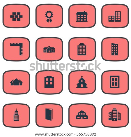 Set Of 16 Simple Structure Icons. Can Be Found Such Elements As Superstructure, Gate, School And Other.