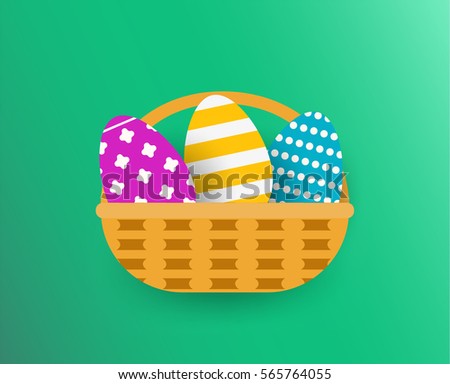 Colorful easter eggs on green background. Vector illustration. Cute cartoon flat design. Happy holiday elements. Clip art.