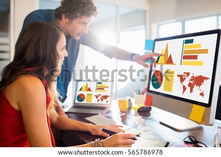 Computer generated image of business presentation against business people working together