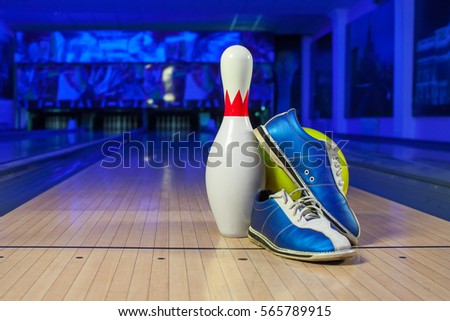 shoes, bowling pin and ball for bowling game