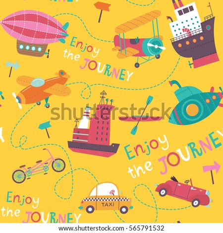 Vector illustration of transport for children. Cartoon seamless pattern on a yellow background. It can be used for backgrounds, surface textures, wallpapers, pattern fills.