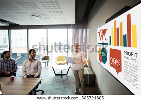 Graphic image of business presentation against businesswoman giving presentation
