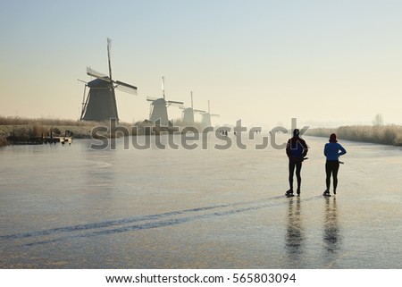 Windmills of Kinderdijk in winter, the Netherlands.