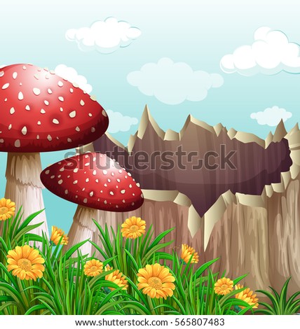 Nature scene with mushroom and log illustration