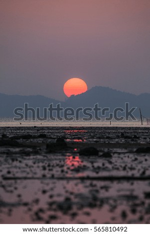 Tide fishing nets at sunset. Thailand.