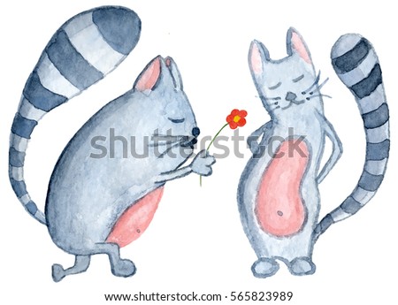 Watercolor cats, hand-drawn cartoon illustration for greeting cards, invitations, Valentine`s cards