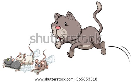 Gray kitten chasing mouse illustration