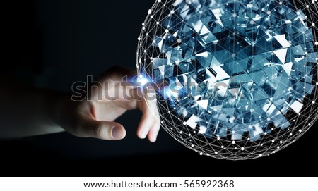 Businesswoman on blurred background touching flying abstract sphere with shiny cube 3D rendering