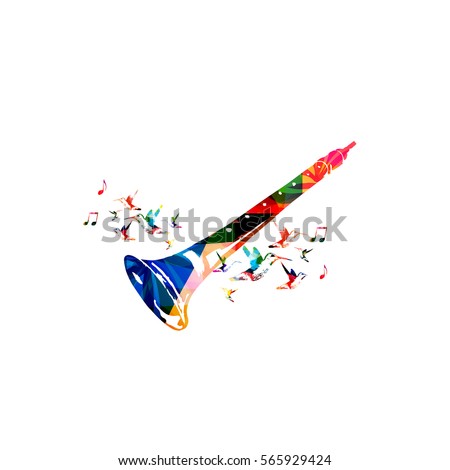 Colorful indian shehnai with music notes and hummingbirds isolated. Music instrument background vector illustration. Design for poster, brochure, invitation, banner, flyer, concert and music festival