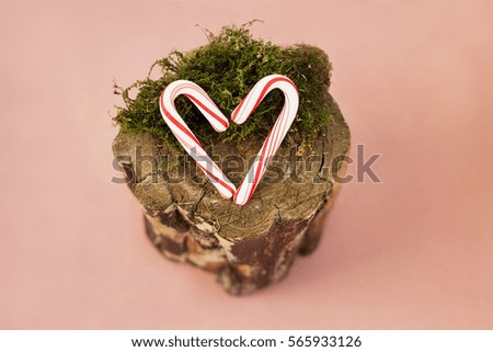 postcard for Valentine's day. heart made of candy on the old tree stump with moss