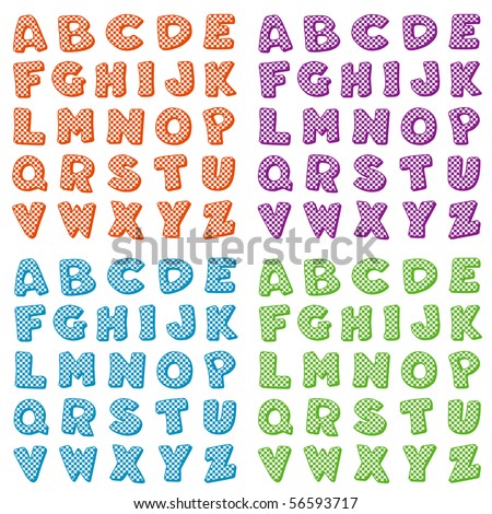 Alphabet: orange, purple, turquoise, lime green. Original letter design in gingham check pattern for scrapbooks, albums, crafts and back to school projects.