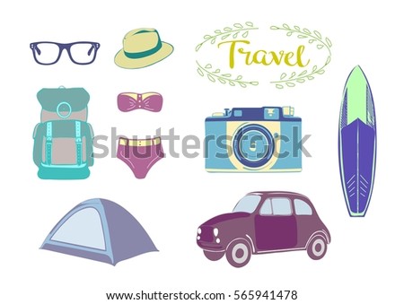 Set of hand drawn travel icons. Vector illustration. Tourism and summer.  Travel elements. 
