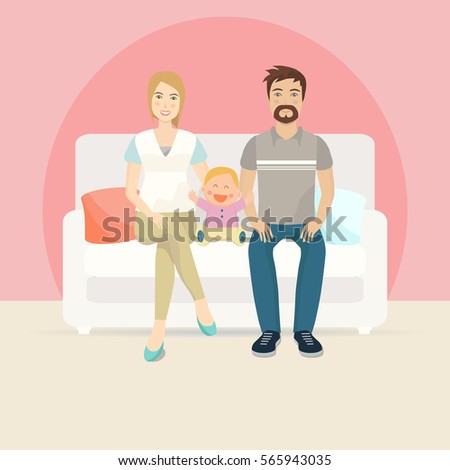 Happy family of three people sitting on sofa. Flat design