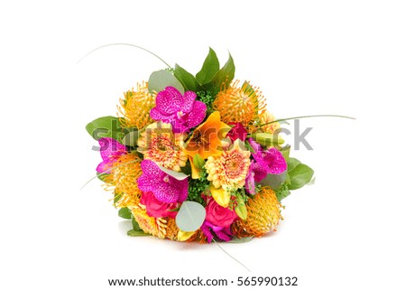 Bouquet of flowers made of orchid and nutans isolated on a white background.