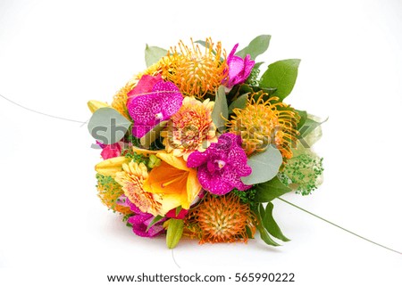 Bouquet of flowers made of orchid and nutans isolated on a white background.