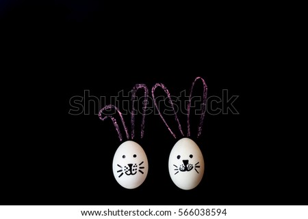Top view Happy Easter festival background.Design handmade painted cute bunny easter eggs on backboard with copy space.