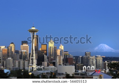Downtown Seattle skyline with view of Mt. Rainier in the distance