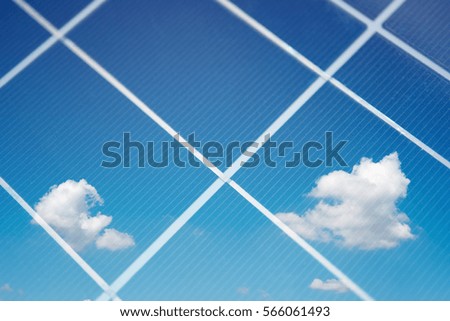 Closeup solar cell panel surface reflected beautiful blue sky