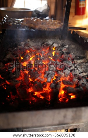 Preparation of coal for barbecue on picnic
