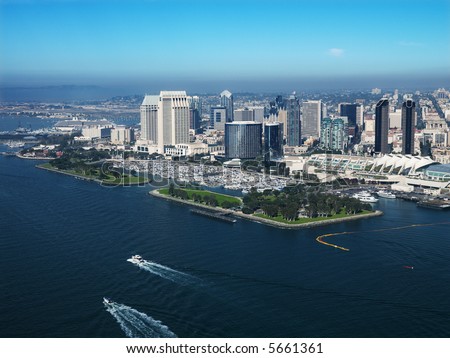 Aerial view of buildings on coast in San Diego, California.