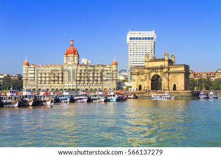 The Gateway of India and boats as seen from the Mumbai Harbour in Mumbai, India Royalty-Free Stock Photo #566137279