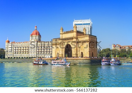 The Gateway of India and boats as seen from the Mumbai Harbour in Mumbai, India Royalty-Free Stock Photo #566137282