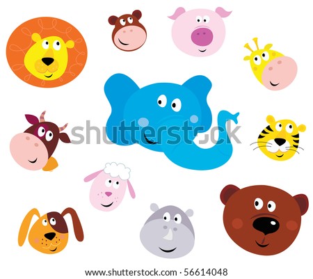 Cute animal head icons ( emoticons ). Vector illustration set of cute animals faces. Animal heads on white background. Lion, Monkey, Pig, Giraffe, Cow, Elephant, Tiger, Sheep, Dog, Hippo and Bear.