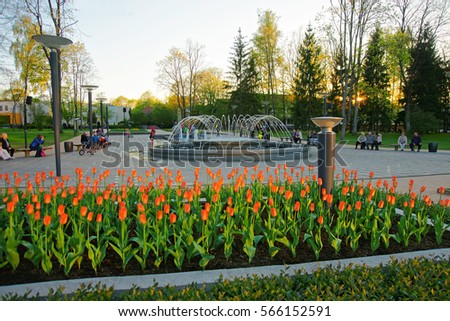 Tulips flowers at the Fountain in the central park, Druskininkai, Lithuania. People on the background Royalty-Free Stock Photo #566152591