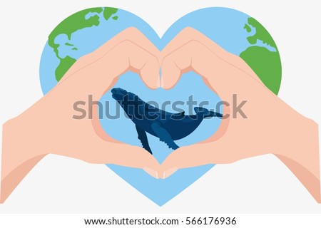 Blue Whale upon Earth and isolated background. Heart-shaped hands. vector stock illustration