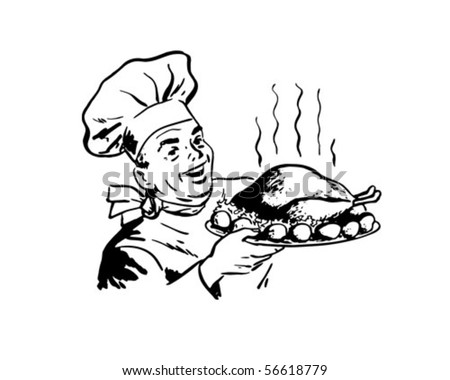 Chef With Roast Poultry - Retro Clip Art