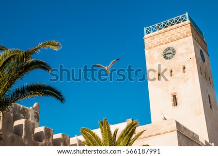 Essaouira Morocco Medina, old town Essaouira, famous landmark clock tower Royalty-Free Stock Photo #566187991