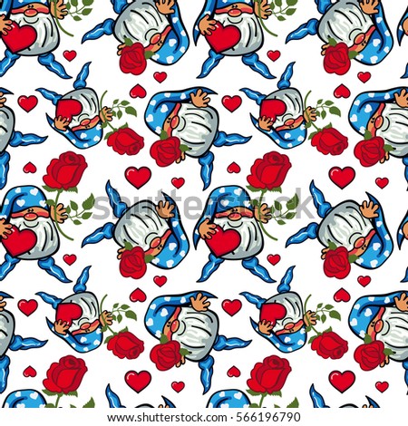 Seamless pattern with cute gnome holding heart. Funny background for holiday decorations, greetings, Valentine day and birthday cards, wrapping paper. Raster clip art.