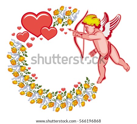 Elegant round frame with Cupid, yellow roses and hearts. Cupid with bow hunting for hearts. Design element for greeting cards and presents. Raster clip art.